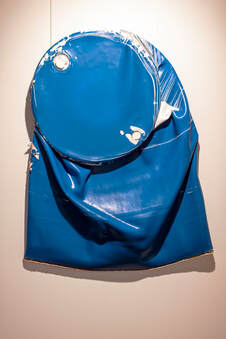 Manual Labour (5% Mexican) #1 Paint skin cast on 200 litre drum on board support. 2021 107 x 85cm x 13cm